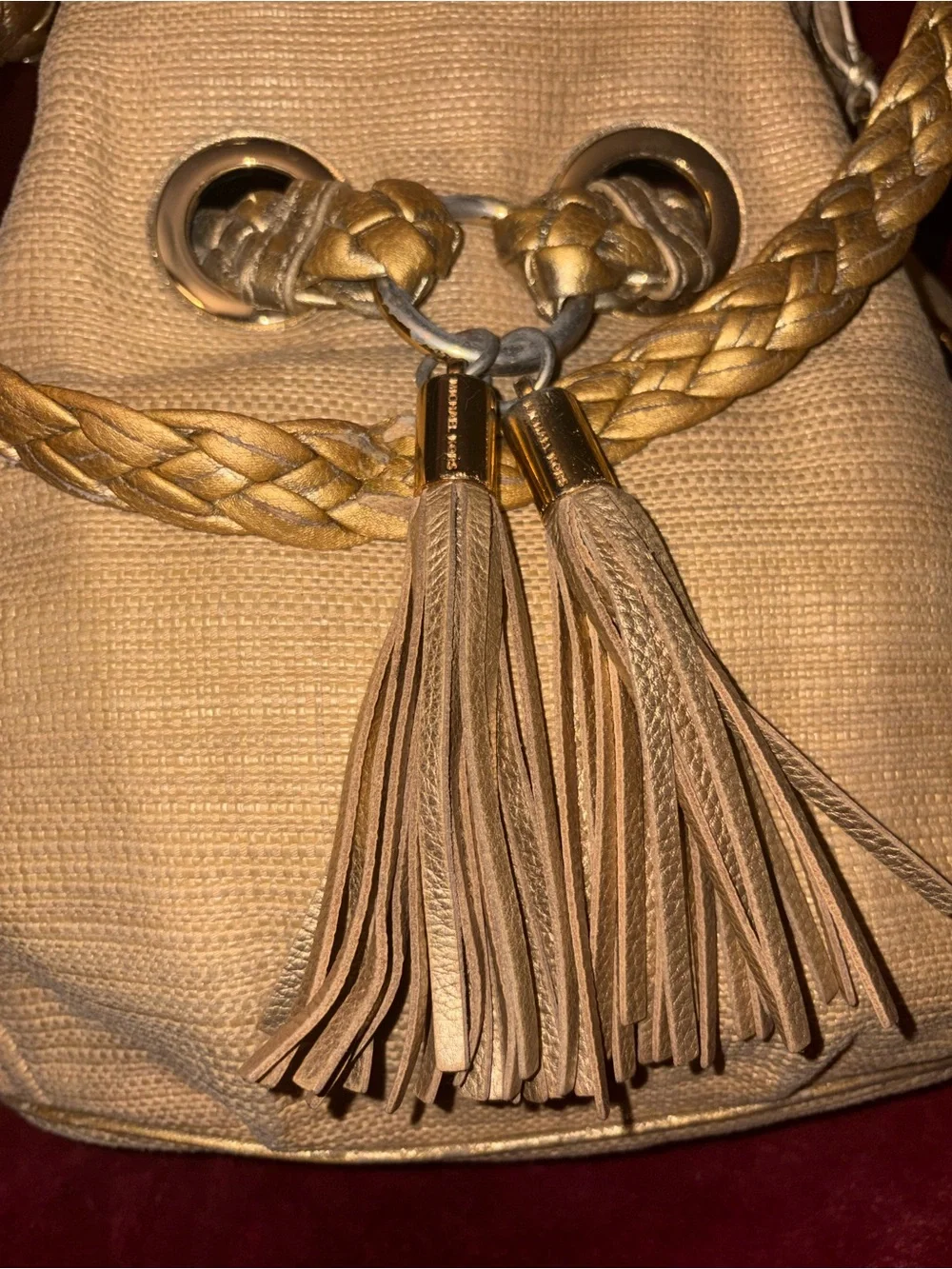 Michael Kors Tan Braided Tassel Hobo with Gold-Tone MK Charm- Vintage